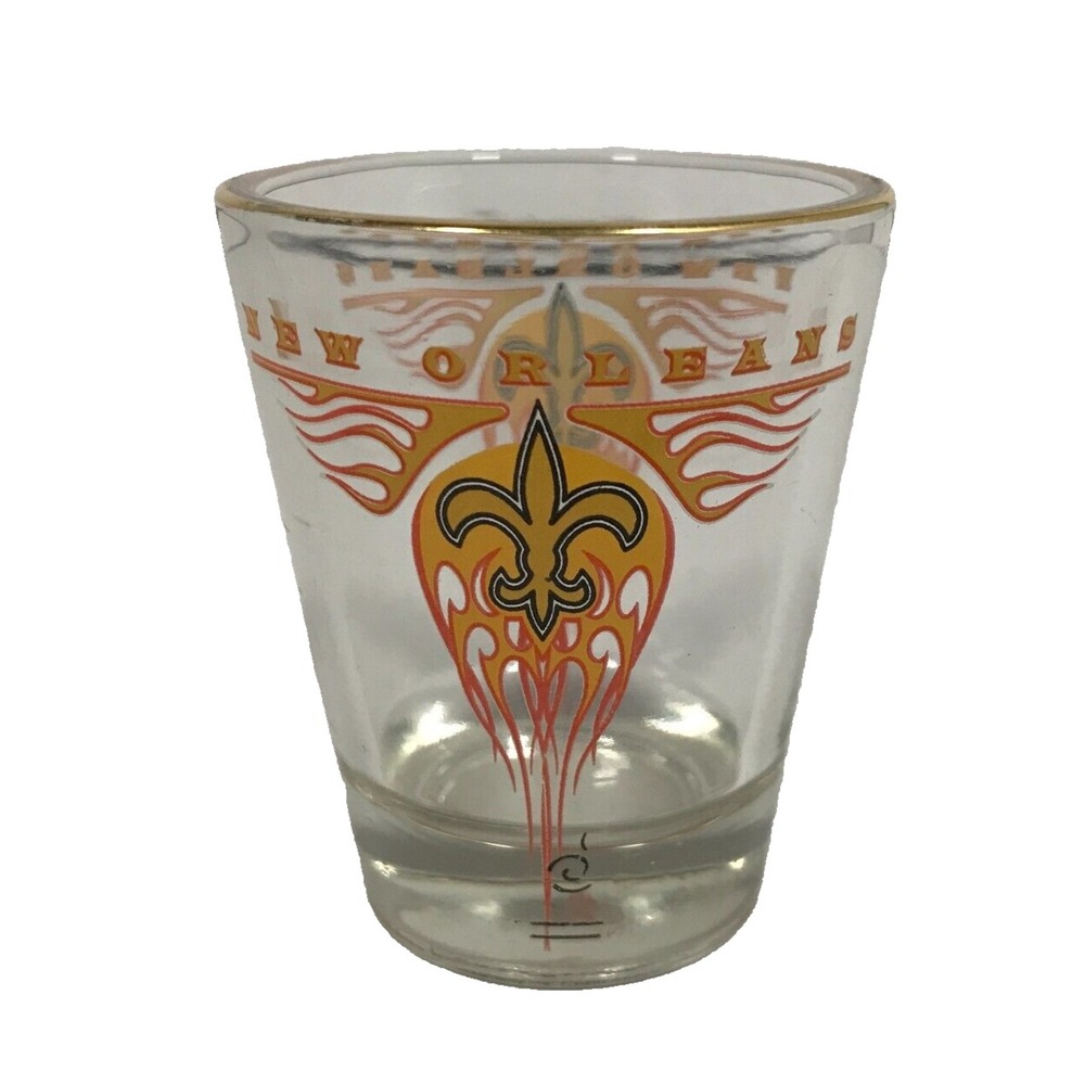 New Orleans Souvenir Shot Glass Fleur De Lis Flame Graphic Gold Rim Clear